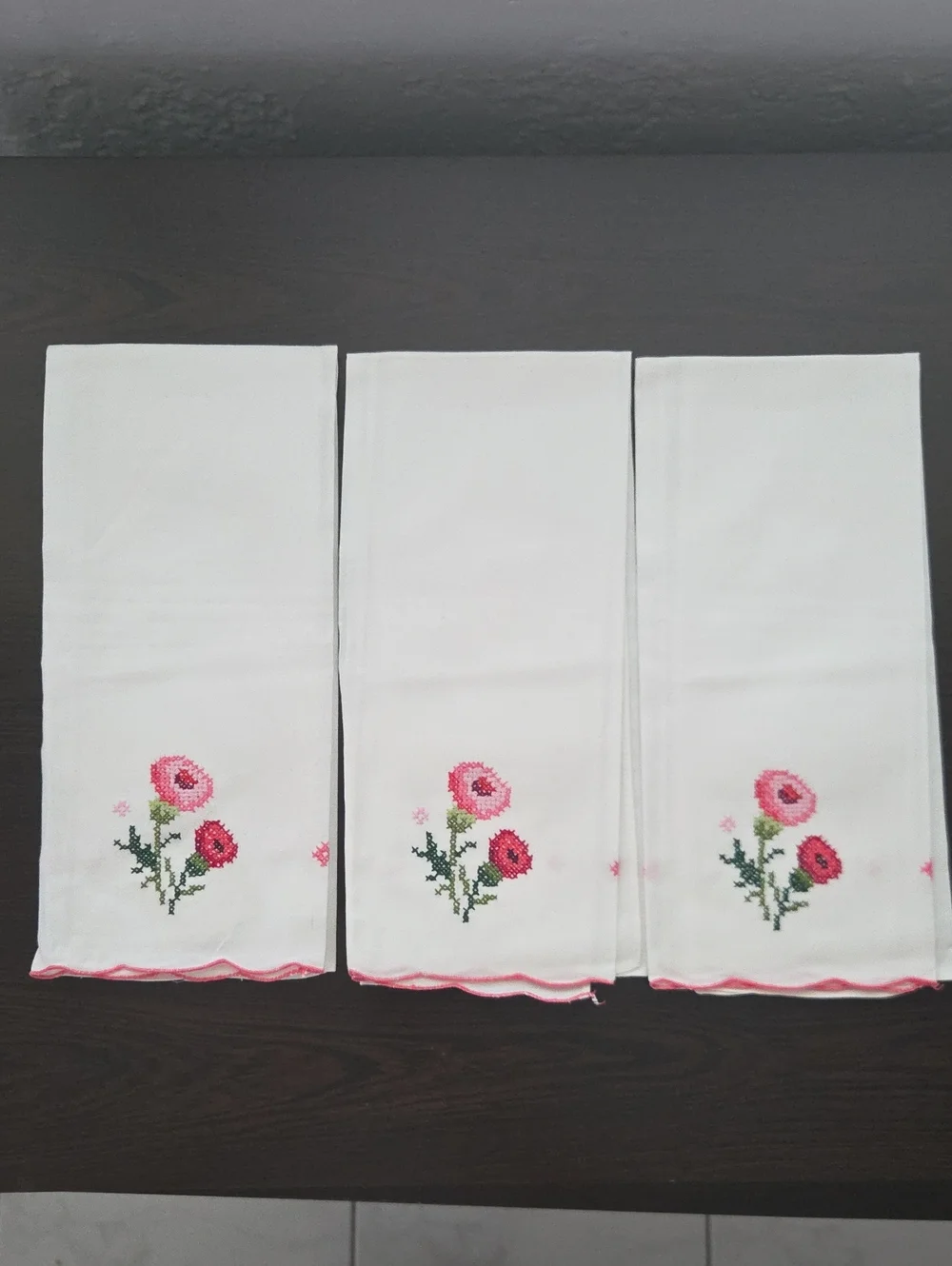 White Cotton Kitchen Tea Towels with Pink Floral Cross-Stitch - Set of 3